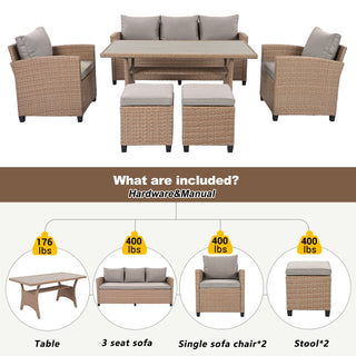 TOPMAX 6-Piece Outdoor Rattan Wicker Set Patio Garden Backyard Sofa, Chair, Stools and Table, Natural