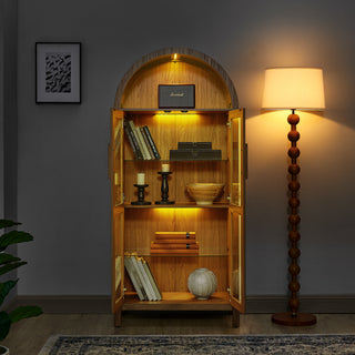Brown Arched Display Cabinet (Modern Retro) | Integrated Lamp, Adjustable Glass Shelves & Multi-Functional Storage