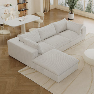 3 seater + 1 ottoman 118.2" L-Shaped Sectional Sofa with Ottoman - 4-Seat, White Fabric