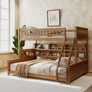 Twin XL Over Queen Bunk Bed with Integrated Shelving, Color-Changing LED Lights and Pegboard – Brown Modern Space-Saving Bed