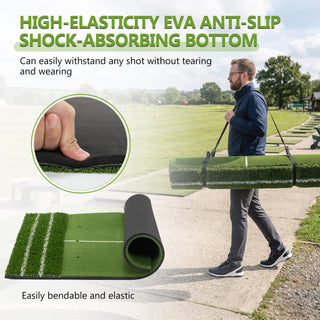 5'x4' Golf Hitting Mat with Guide Line, Indoor Outdoor Golf Practice Mat with 9 Tee Positions, Heavy Duty Swing Turf for Backyard Garage Training – Includes Balls, Tees & Strap