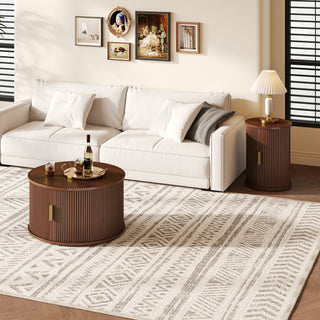Walnut Mid-Century Nesting Coffee Table Set with Sliding Tambour Door - 2-Piece Fluted Storage Tables