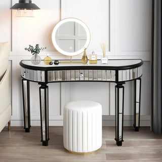 47" Half-Moon Mirrored Console Table with Fluted Glass & Crystal Knob Drawer, Silver Entryway Vanity Desk for Bedroom or Dressing Room (Black+Silver)