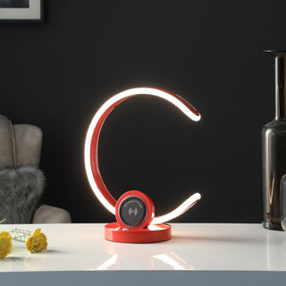 13.25" Modern C-Shape LED Table Lamp with Wireless Charger &amp; USB Port - Bright Red Touch Dimmable Desk Lamp - Industrial Grade Minimalist Bedside Light with Power Hub - Contemporary Red Office Task Lamp