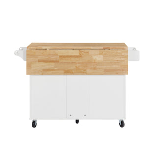 Kitchen Island with Drop Leaf Countertop, Rolling Cart with Barn Door Storage Cabinet & Tower Rack, On-Wheels Island Table for Kitchen, White