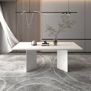 Extendable Dining Room Table for 6 8 10, Modern Faux Marble Wooden Long Large Rectangular Expanding Conference Kitchen Table, White