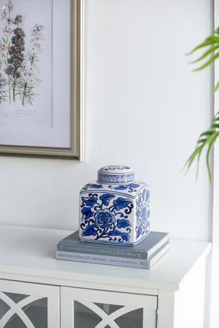 Hand painted blue and white ceramic square canister, view 6