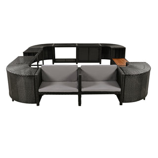 Spa Surround Spa Frame Quadrilateral Outdoor Rattan Sectional Sofa Set with Mini Sofa, Wooden Seats and Storage Spaces, Grey
