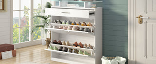 [VIDEO provided] ON-TREND Slim Entryway Organizer with 2 Flip Drawers, Tempered Glass Top Shoe Storage Cabinet with Drawer, Free Standing Tipping Bucket Shoe Rack with LED Light for Hallway, White