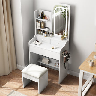 Fashion Vanity Desk with Mirror and Lights for Makeup, Hair Dryer Holder and Chair, Adjustable Lighting, White MDF