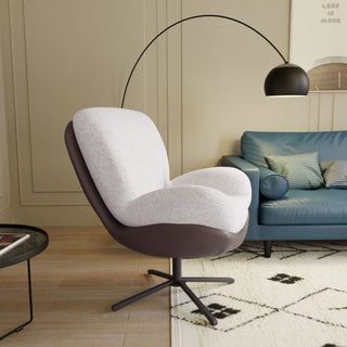 360° Swivel Office Chair, Modern Chenille Chair with Faux Leather and Black Metal Base Frame, No Wheels, Accent Chair for Small Spaces, Living Room, Bedroom, Reading Corner, Office (White)