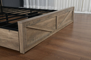 Farmhouse Queen Bed Frame with LED Lights & Charging Station | Wooden Bed with 2 Storage Drawers & Rustic Headboard with Sliding Barn Door Storage Cabinets