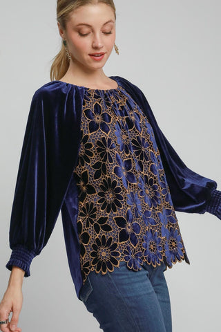 Umgee Full Size Floral Lace Velvet Raglan Sleeve Top Plus Size