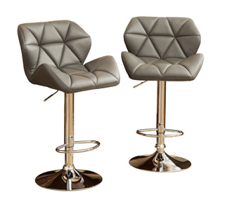 Glasgow Contemporary Tufted Adjustable Height Hydraulic Bar Stools, Set of 2 – Grey Faux Leather, Swivel Chrome Base, Modern Kitchen Counter Stools