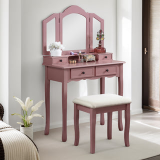 Sanlo Wooden Vanity Makeup Table and Stool Set in Rose Gold - Modern Tri-Fold Mirror Dressing Table with 4 Drawers