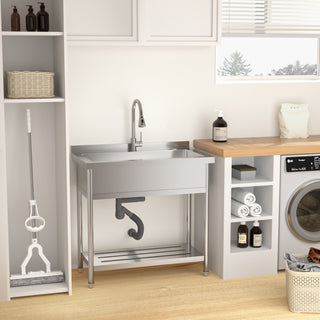 Stainless Steel Freestanding Utility Sink with Pull-Out Faucet, Large Single Bowl, Brushed Nickel, 21'D x 36'W x 35.5'H