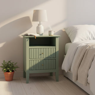 18' Green Fluted Nightstand with 2 Drawers - Modern Bedroom Sofa Side Table in Matte Green Finish with Gold Knobs and P2 MDF Construction