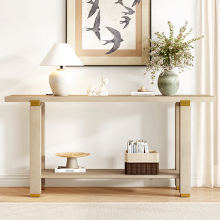 62.9" Modern Minimalist Console Table – Solid Wood Entryway & Sofa Table with Metal Accents and Built-in Shelf, Black/Gray/Natural