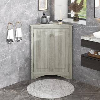 Oak Triangle Bathroom Storage Cabinet | Freestanding Corner Floor Cabinet with Adjustable Shelves