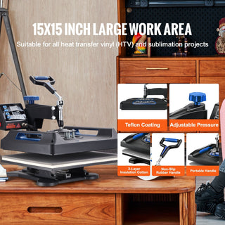 Heat Press 15x15, Upgraded Heat Press Machine 5 in 1, Anti-Scald, Fast-Heating, Swing Away Digital Control Multifunction Heat Press for Sublimation Combo for T-Shirt Hat Cap Mug Plate