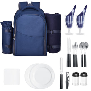 Beach Picnic Backpack Bag for 2 Person with Cooler Compartment Navy Blue