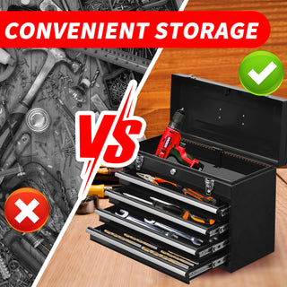 4-Drawer Portable Metal Tool Box | Steel Tool Chest with Lock & Latch Closure | Black