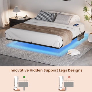Floating Bed Frame King Size with LED Lights ＆ charging station, Metal Platform Queen Bed, 79.9'' L x 76.2'' W x 7.9'' H.