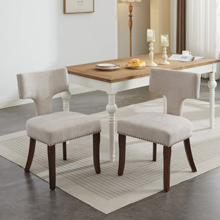 Mid Century Modern Dining Chairs Set of 2, Farmhouse Linen Fabric Upholstered Accent Chair Curved Backrest with Copper Nails around,Kitchen Chairs with Hardwood Frame, Beige