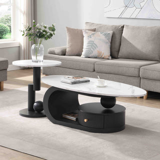 Modern 2-Piece Nesting Coffee Table Set - Oval and Round Tables with Storage Drawers
