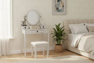 Moniys Wood Moniya Makeup Vanity Table and Stool Set in Silver - Modern Dressing Table with Adjustable Oval Mirror