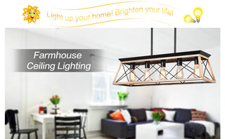 32' Oak Industrial 5-Light Pendant Chandelier, Modern Metal Cage Design, Adjustable Hanging Light for Dining Room, Kitchen, Living Room (No Bulbs)