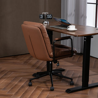 Mid Back Office Chair - Ergonomic PU Leather Desk Task Chair with Wheels, Armrests, and 40° Reclining Back (Brown)
