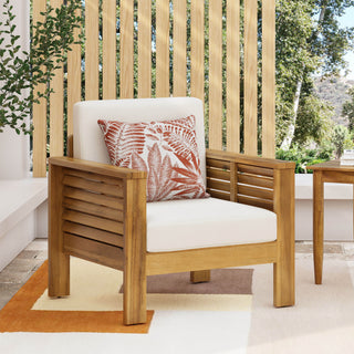 Outdoor Acacia Wood Club Chairs with Cushions, Teak+Beige, 27.75'D x 32'W x 27.75'H