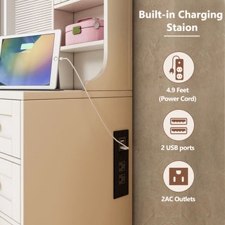 41.4" White Makeup Vanity Desk with Mirror & Lights | Dressing Table with Storage Stool & Charging Station