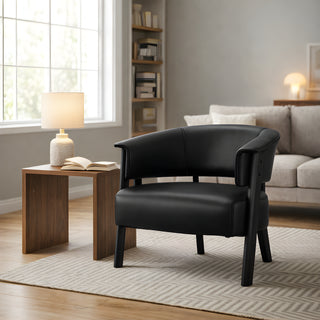 Faux Leather Wingback Accent Chair, Wrap-Around Back Upholstered Armchair, Comfy Fabric Wingback Arms Chairs with Solid Wood Legs, Single Sofa Reading Chair for Bedroom Living Room, Black