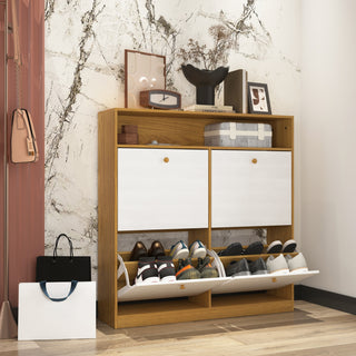 Natural Particle Board Shoe Storage Cabinet with 4 Flip Drawers and Wooden Handle for Entryway
