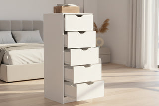 Basilea 5 Drawers Tall Dresser in WhiteSlim Vertical Storage with Pull-Out System
