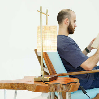 Nordic Bedroom Table Lamp (110V) | Moonstone Bamboo Lampshade, Dark Brown Bronze Base