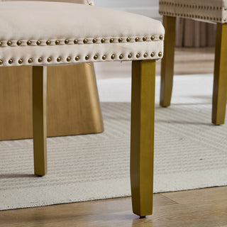 Mid-Century Modern Dining Chairs Set of 2 – High-End Tufted Velvet Upholstered Chairs with Lion Head Pull Ring, Golden Wooden Legs &amp; Nailhead Trim, Contemporary Luxury Side Chairs - Beige SW1201BG