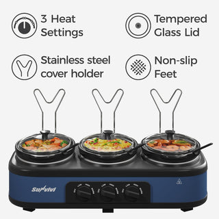 Blue triple slow cooker buffet food warmer, view 6