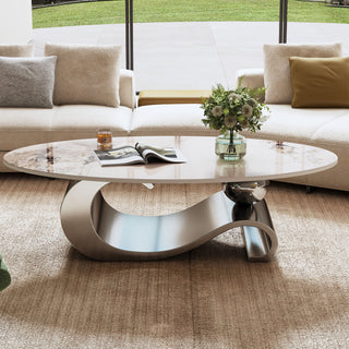 49.2' Faux Marble Oval Coffee Table, Contemporary Gray Stainless Steel Base, Modern Center Table for Living Room