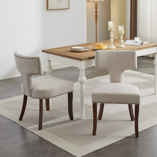 Mid Century Modern Dining Chairs Set of 2, Farmhouse Linen Fabric Upholstered Accent Chair Curved Backrest with Copper Nails around,Kitchen Chairs with Hardwood Frame, Beige