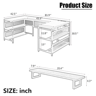 U Shaped Desk with Power Outlets and LED Strip & Monitor Stand, L Shaped Desk with Storage Shelf, Home Office Gaming Desk, Vintage