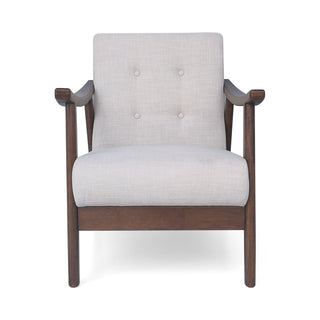 Mid-Century Modern Accent Chair, Tufted Armchair with Beige Upholstery and Brown Frame, 1-Piece