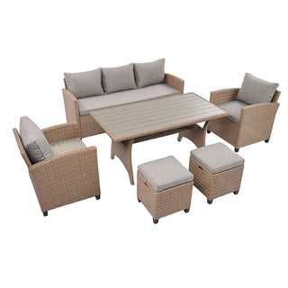 TOPMAX 6-Piece Outdoor Rattan Wicker Set Patio Garden Backyard Sofa, Chair, Stools and Table, Natural