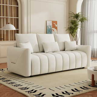 80.7" Premium Teddy Fabric Sofa with 3 Back Pillows & Cushions – Solid Wood Frame, 3-Seat Sofa with Oversized Upholstered Chair for Living Room, Bedroom, Apartment & Office