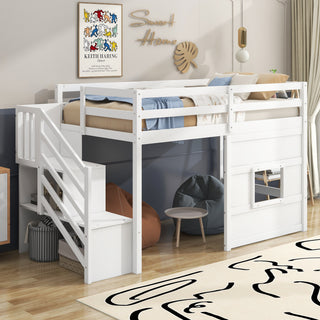 Twin Size Loft Bed with Storage Staircase and Window, With LED Light, White