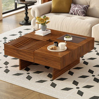 U-Can 33''Mid Century Modern Coffee Table,Unique Square Wooden Coffee Table with 3 Drawers, Tempered glass and Solid Wood Legs for Living Room