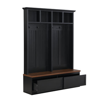 ON-TREND Farmhouse  4-in-1 Hall Tree with Wood Grain Bench, Mudroom Versatile Coat Rack with 2 Large Drawers, Large Entrance Organizer with 6 Black Hooks for Hallway, Living Room, Black, 55.9"Wx75.6"H
