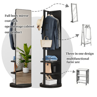 360° Rotating 69x16" Full Length Mirror with Hook & Coat Rack, Black